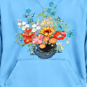 Sweat-shirt à capuche bleu ciel avec broderie florale multicolore, poche kangourou, coupe ample, style streetwear décontracté - Product Image 6