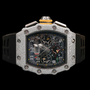 Montre chronographe personnalisée de luxe, bracelet en caoutchouc noir, montre-bracelet avec boîtier rectangulaire, diamant moissanite, cadeau pour lui - Product Image 1