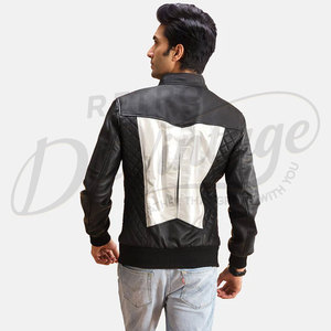 Veste de course en cuir véritable blanc et noir pour homme, design contrasté avec panneau en V, style moto, col montant, manteau haut de gamme - Product Image 3