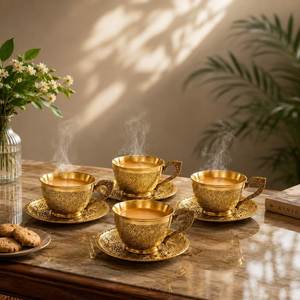 Brass <b>Cup</b> and <b>Saucer</b> with Ornate Edge Detailing and Soft Golden Glow for a Sophisticated Tea Ritual - Product Image 4