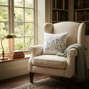 Wholesale Custom Embroidery Blue Flower Garden <b>Cushion</b> Cover Removable Washable Square Seat White Cotton <b>Cushion</b> Pillowcases - Product Image 2