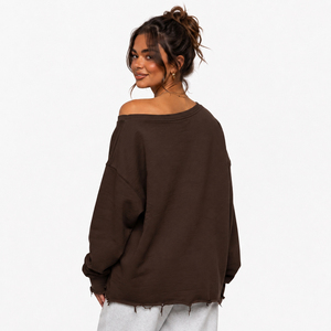 Long Sleeve Off Shoulder Pullover Sweatshirt Women French Terry Oversized Shirt Off The Shoulder Embroidered Fleece <b>Top</b> Ladies - Product Image 2
