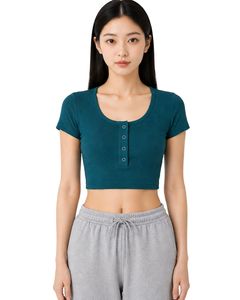 เสื้อครอปแขนสั้นทรงเข้ารูปสำหรับผู้หญิง สีเขียวอมฟ้า ผ้าริบเนื้อนุ่ม ผสมคอตตอนและสแปนเด็กซ์ ยืดหยุ่นได้ สวมใส่สบาย เหมาะสำหรับฤดูร้อน มีกระดุม ดีไซน์ทันสมัย - Product Image 1