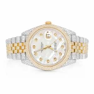 Reloj de Dos Tonos con Incrustaciones de Moissanita, Esfera de Madreperla, Estilo Diamante de Lujo en Oro y Plata, Estilo Hip Hop - Product Image 1