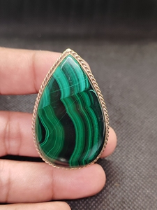 Natural Malachite Oval Bezel Setting Brass Groove Pendant | Handmade Gold Plated Gemstone Pendant | Women's Wedding Custom - Product Image 2