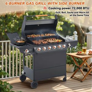 6-Burner Propane Gas Grill 72000 BTU Output Stainless Steel <b>BBQ</b> Cast Iron <b>Grates</b> Side Burner 72000 BTU Output Stainless Grill - Product Image 3
