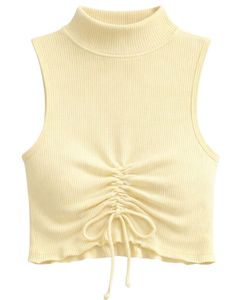 Top Corto Sin Mangas con Cuello Alto Acanalado en Amarillo Mantequilla, con Cordón Ajustable y Fruncido Delantero, Ajuste Ceñido, Estilo Casual para Mujer - Product Image 1