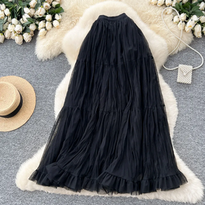 Jupe longue plissée en organza pour femme, taille élastique, avec volants, couleur unie, style été, longueur au sol - Product Image 3