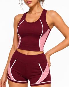 Ensemble de yoga 2 pièces pour femme : Crop top dos nageur et short taille haute, couleur unie avec bordure contrastante, séchage rapide, en Spandex, tenue de sport - Product Image 6