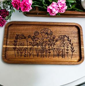 Bandeja Rectangular Ligera Hecha a Mano de Madera de Acacia Natural con Grabado Floral Personalizado, Diseño Clásico para Café y Hogar - Product Image 4