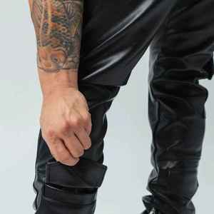 Plus Size Men Skinny Fit PU Coated Cargo <b>Pants</b> With 3D Pockets Hip Hop Style Mid Waist Full Length <b>Black</b> Leather Look - Product Image 6