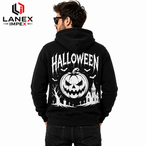 New Design Custom Halloween <b>Zip</b> Up Hoodie Men Black Fleece Sweatshirt Pumpkin Graphic Print <b>Hooded</b> Jacket OEM ODM Streetwear - Product Image 4