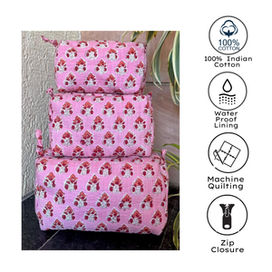 Handmade Jaipur Block Printed Cotton Cosmetic Bag Set Pink Floral Block Print Bohemian Style Eco-Friendly Travel Organize - Product Image 2