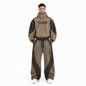 Ensemble de survêtement pour homme en coton 100% noir et marron, fermeture éclair intégrale, poches latérales, style sportif respirant - Product Image 2