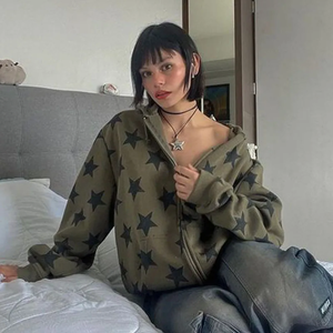 เสื้อฮู้ดซิปแบบสวม สตรีทแวร์ ทรงหลวม สไตล์วินเทจ เสื้อแจ็คเก็ตลำลอง ลายดาว พิมพ์ลายขนาดใหญ่ สไตล์โกธิค - Product Image 5