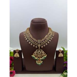 Indian Ethnic Meena Victorian Traditional <b>Gold</b> Plated Bridal Necklace <b>Set</b> with CZ Earrings - Product Image 1