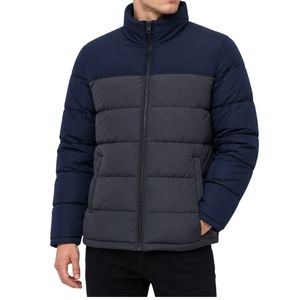 Color Block Men Puffer <b>Jacket</b> Custom Logo Two Tone Winter Warm Bubble Coat Full Zip Stand Collar <b>Navy</b> Blue Grey <b>Padded</b> <b>Jacket</b> - Product Image 1