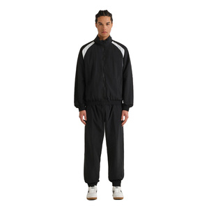 Chándal Negro para Hombre, Cierre de Cremallera Completo, Corte Regular, Cuello Alto, Color Sólido, Transpirable, Poliéster, Ropa Deportiva Informal - Product Image 1
