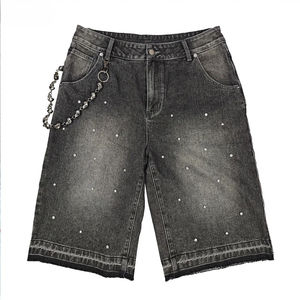 Shorts en jean 100 % denim pour homme, coupe ample, avec strass et bande latérale en cristal, denim délavé, pour l'été - Product Image 1