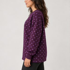 Women's Plum <b>Crewneck</b> Sweatshirt with Lilac Allover Polka Dots Long Sleeve Custom Logo - Product Image 4
