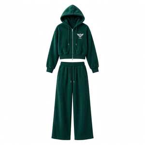 Conjunto de Moletom Verde com Zíper e Calça de Moletom de Perna Larga para Mulheres, Agasalho <span class=keywords><strong>Casual</strong></span> de Duas Peças com Capuz e Cordão, Estilo Moderno - Product Image 1