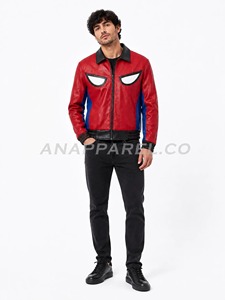 Blouson Bomber en Cuir PU Rouge et Bleu pour Homme, Imprimé Personnalisé, Fermeture Éclair, Col Rabattu, Vêtement Décontracté pour l'Automne - Product Image 3