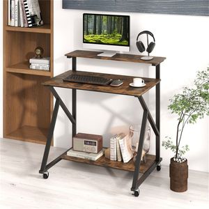 Scrivania Mobile Marrone Rustico da 32 Pollici, Tavolo per Computer Regolabile con Supporto Monitor e Presa di Corrente, in Legno - Product Image 1