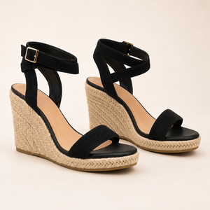Sandales <span class=keywords><strong>compensées</strong></span> en daim noir pour femme, à bout ouvert, avec boucle de cheville, plateforme en paille tressée, <span class=keywords><strong>chaussures</strong></span> d'été <span class=keywords><strong>chic</strong></span> pour les vacances, faible MOQ, OEM, ODM - Product Image 2