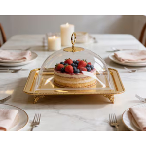 Plateau à gâteau en laiton doré de qualité supérieure avec couvercle en verre, support rond pour présentation de desserts pour anniversaires, mariages et autres fêtes - Product Image 3