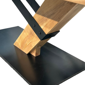 Table de salle à manger et de cuisine unique en bois d'acacia massif avec bord naturel, design grainé, piétement en métal et en bois - Product Image 4