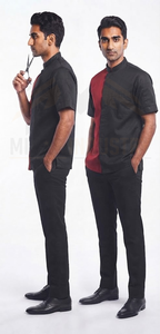 Blouse de barbier noire et rouge à manches courtes pour homme, en polyester respirant, uniforme de travail tendance - Product Image 4