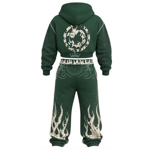Conjunto Deportivo para Hombre con Estampado de Llama Verde, 100% Algodón, Cremallera Completa, 450 Gsm, Sudadera Corta con Capucha, Pantalones Jogger, Corte Holgado Informal - Product Image 2