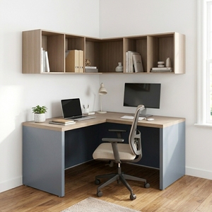 Bureau de direction moderne en forme de L avec armoire d'angle murale, étagères de rangement ouvertes, bicolore gris et chêne naturel, poste de travail - Product Image 3