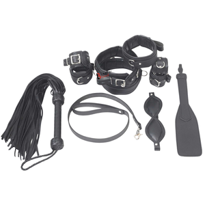 Ensemble de bondage pour débutants noir avec menottes en cuir, bandeau pour les yeux, pagaie et accessoires - Product Image 1