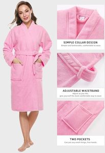 Bata de Baño de Felpa para Mujer, Manga Larga, Cuello en V, Largo hasta la Rodilla, Suave y Cómoda, 100% Algodón, Color Rosa - Product Image 5