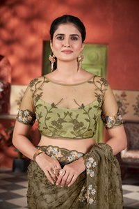 Olive <b>Green</b> Embroidered Silk Saree Set Women Traditional Wedding Wear India Pakistan Style Regular Fit Stretchable - Product Image 2