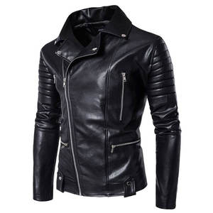 Blouson moto homme slim fit en cuir PU avec fermeture éclair et manches matelassées, col rabattu noir, style motard, automne - Product Image 3