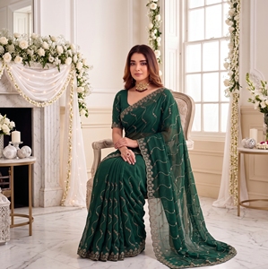 AARA Fashion Saree en soie vert élégant avec broderie dorée, protection solaire toutes saisons, pour mariage, femme, longueur ras du sol, coupe classique - Product Image 1