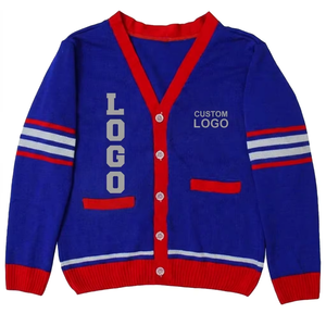 Custom Logo Knitted <b>Cardigan</b> Women's V-Neck <b>Long</b> Sleeve Preppy Style Blue Red Contrast Color Full Sleeve Button Closure - Product Image 1