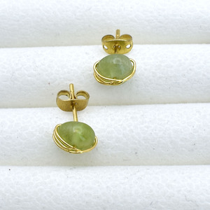 Peridot Wire Wrap Earrings 8mm | Round Green Gemstone <b>Studs</b> | Dainty Birthstone Jewelry - Product Image 3
