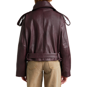 <b>Top</b> <b>Women's</b> <b>Burgundy</b> Genuine Leather Jacket Cropped Double Breasted Belted Waist Loose Fit Luxury Fashion OEM Private Label KCW - Product Image 2