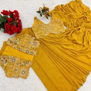 Sari tradicional de invierno color mostaza, listo para usar, con blusa con trabajo de espejos, capa bordada y lehenga de diseñador indo-occidental para boda, 2026 - Product Image 6