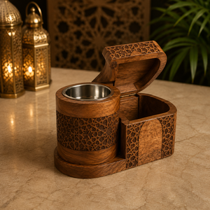 Ensemble brûleur à bakhoor moderne en rotin et bois avec coupelle métallique, boîte de rangement carrée pour oud et plateau, Mabkhara arabe pour la décoration du Ramadan et de l'Aïd - Product Image 4