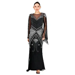 Robe de soirée élégante noire à sequins, coupe fourreau, motif géométrique, manches longues, longueur ras du sol - Product Image 1
