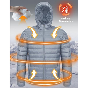 Men's Gray Hooded <b>Puffer</b> <b>Jacket</b> Windproof Zipper Closure Polyester Winter Coat Casual Style Regular Fit - Product Image 3