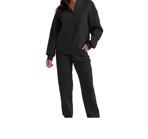 Survêtement grande taille pour femme, noir uni, sweat-shirt demi-zip avec pantalon à cordon de serrage, coupe décontractée ample, longueur intégrale, en polyester, pour l'automne - Product Image 2