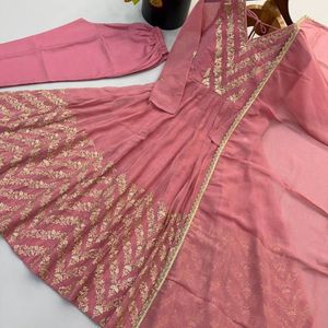 Women Pure Roman Cotton Embroidered Gown <b>Pant</b> Set with Soft Organza Dupatta | <b>Sequin</b> Thread Work Designer Ethnic Wear | Party We - Product Image 1