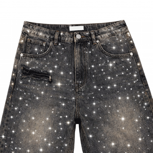 Short en jean Y2K personnalisé pour homme, style streetwear estival, délavé à l'acide, orné de strass en cristal, respirant - Product Image 3