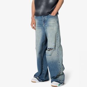 Vaqueros rectos vintage de algodón para hombre, nueva llegada, venta al por mayor, diseño de marca de moda, personalizados, desgastados, lavados, rasgados, holgados, estilo rave. - Product Image 1