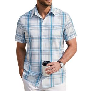 Chemise à carreaux boutonnée 100 % coton teint en fil respirante col rabattu manches courtes chemises à carreaux personnalisées - Product Image 3